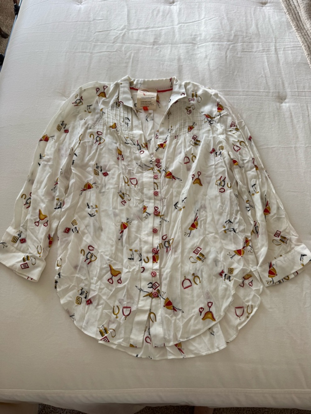 Anthropologie White Button-Up Blouse with Red and Gold Equestrian Accents